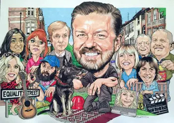 A caricature of Ricky Gervaise and the cast of afterlife