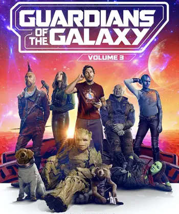The poster for the Guardians of the Galaxy volume 3 featuring peter quill starlord gamora nebula drax the destroyer groot rocket cosmo craglan and mantis