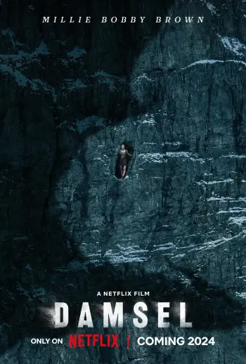 Netflix poster featuring millie bobby brown as princes elodie in tattered clothes at the mouth of a cave on a cliff face whilst the shadow of a dragon hovers ominiously above her