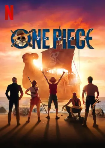 net flix advertisement for the live action manga One Piece featuting a pirate ship and silhouettes of the cast