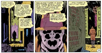 Three panels from Watchmen comic drawn by Dave Gibons witten by Alan Moore showing Rorschach's beliefs that the word is black and white, good and evil