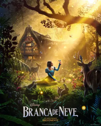 The Poster for Disney's Live Action Snow White featuring rachel zegler and cartoon animals