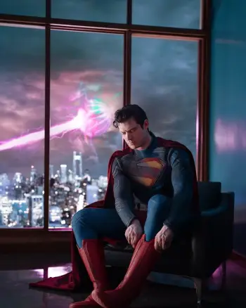 Superman putting his boots on in a promo shot with an alien attacking the city 