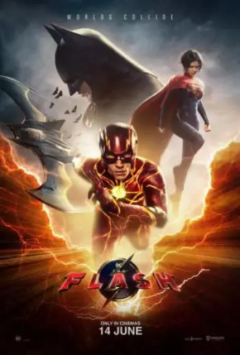The Flash Movie poster featuring ezra miller as barry allen the flash michael keaton as bruce wayne batman and  sasha calle as supergirl and the batwing