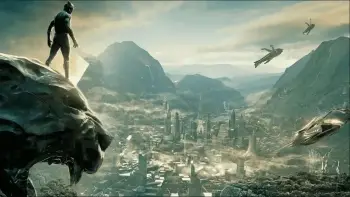 black panther standing on the panther god statue overlooking the african nation of wakanda