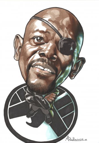 Caricature art of Samuel L. Jackson as Nick Fury from Marvel Universe.