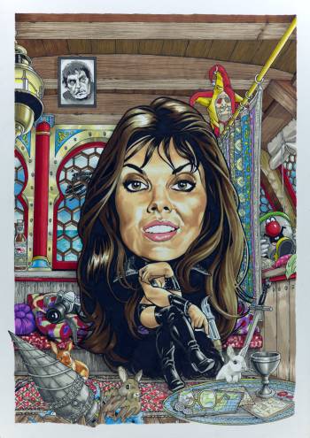 Caricature of Caroline Munro featuring references to her multiple film and TV appearances.