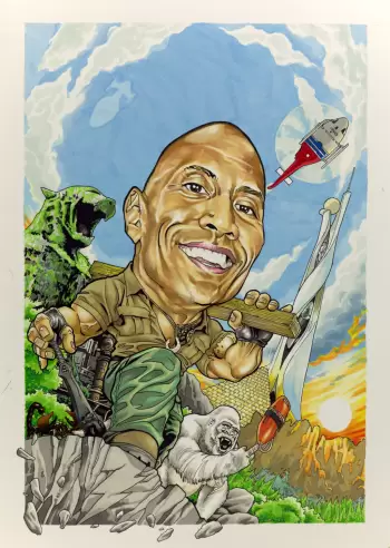 Caricature of Dwayne "the Rock" Johnson featuring references to multiple films.