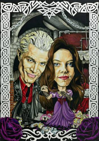 Caricature of James Marsters and Juliet Landau as Spike and Drusilla.