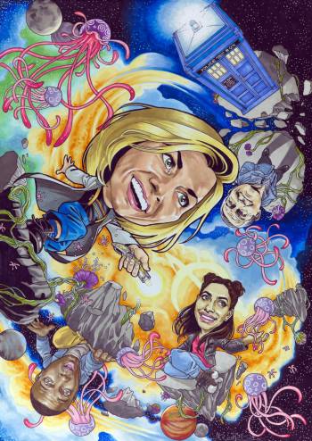 Caricature of Jodie Whittaker as the 13th Doctor Who.