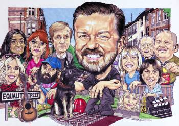 Caricature of Ricky Gervais and some of the cast of Afterlife referencing his other TV roles.