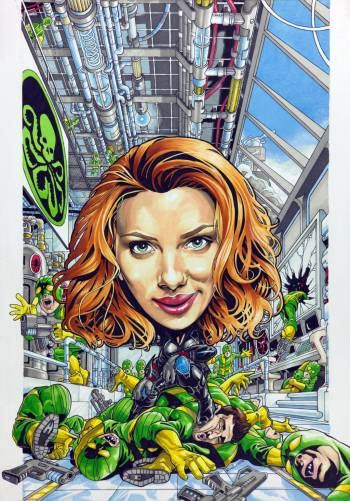 Caricature art of Scarlett Johansson as Black Widow from the MCU.