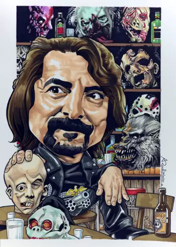 Caricature of Tom Savini as Sex Machine from Dusk Til Dawn.